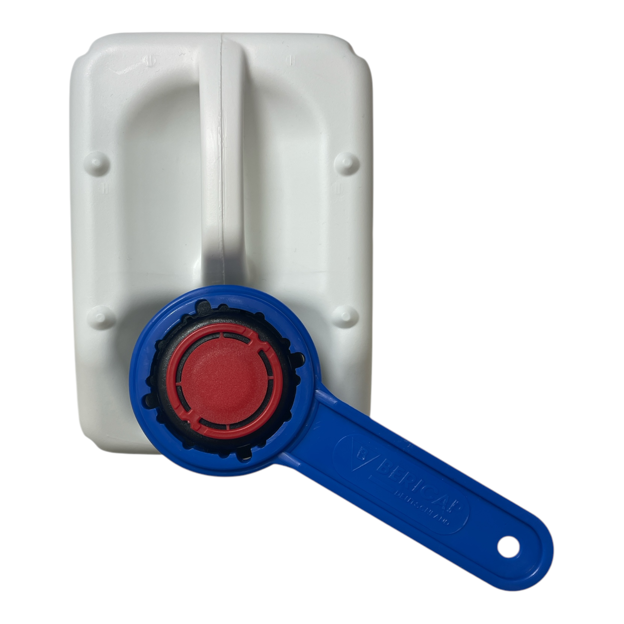Kanisterschlüssel zum Öffnen eines 2,5-Liter-Kanisters, mit ergonomischem Griff und einer Vorrichtung zum sicheren Lösen des Verschlussdeckels.