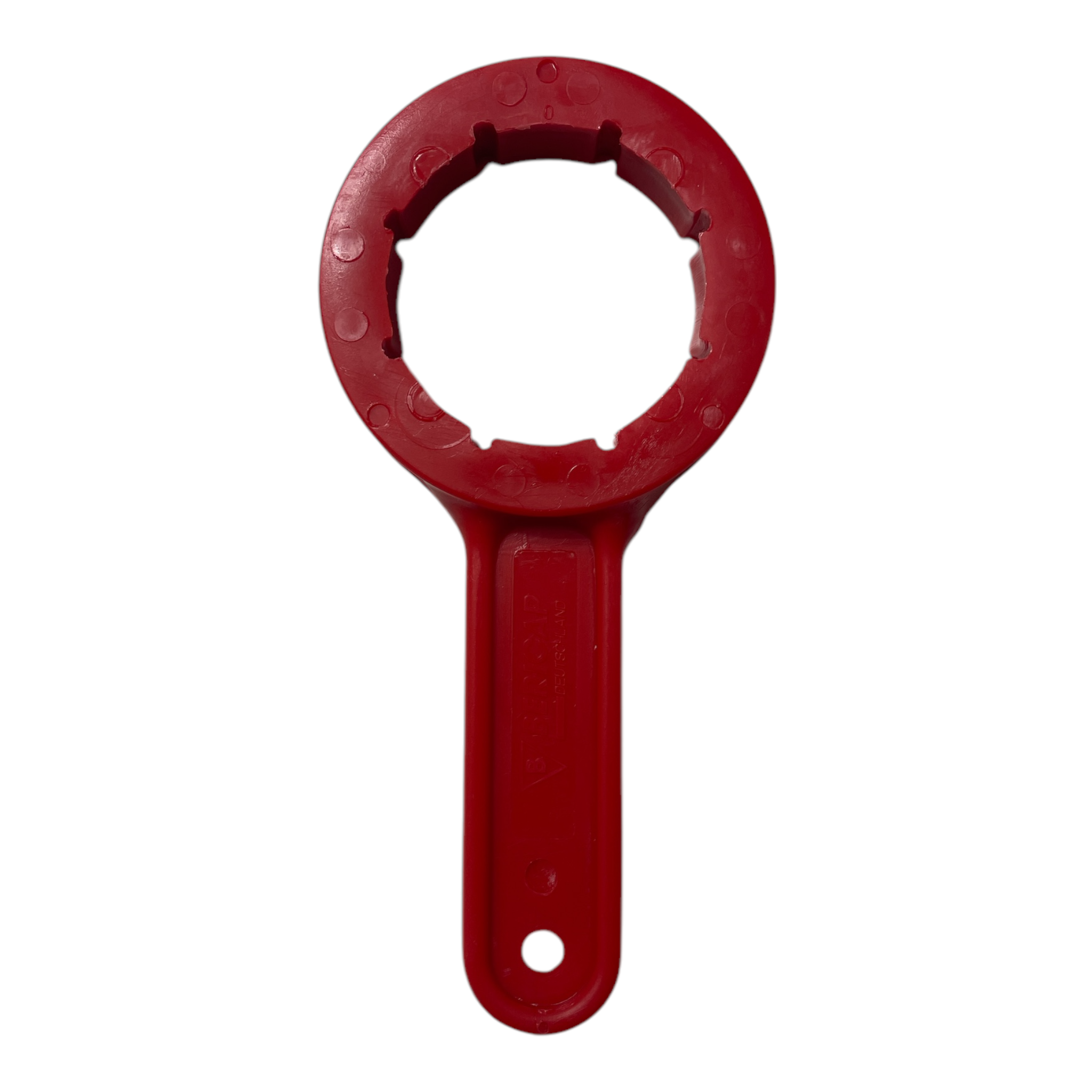 Kanisterschlüssel rot zum Öffnen verschiedener 5-Liter-Kanisters, mit ergonomischem Griff und einer Vorrichtung zum sicheren Lösen des Verschlussdeckels.