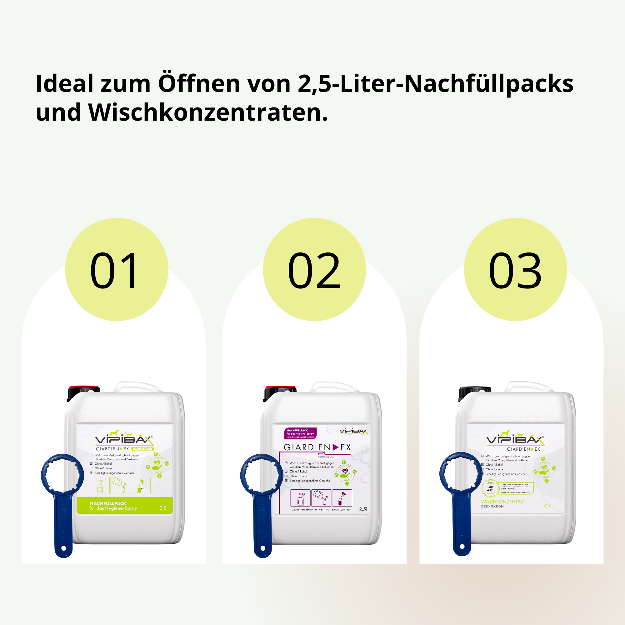 Kanisterschlüssel zum Öffnen verschiedener 2,5-Liter-Kanisters, mit ergonomischem Griff und einer Vorrichtung zum sicheren Lösen des Verschlussdeckels.