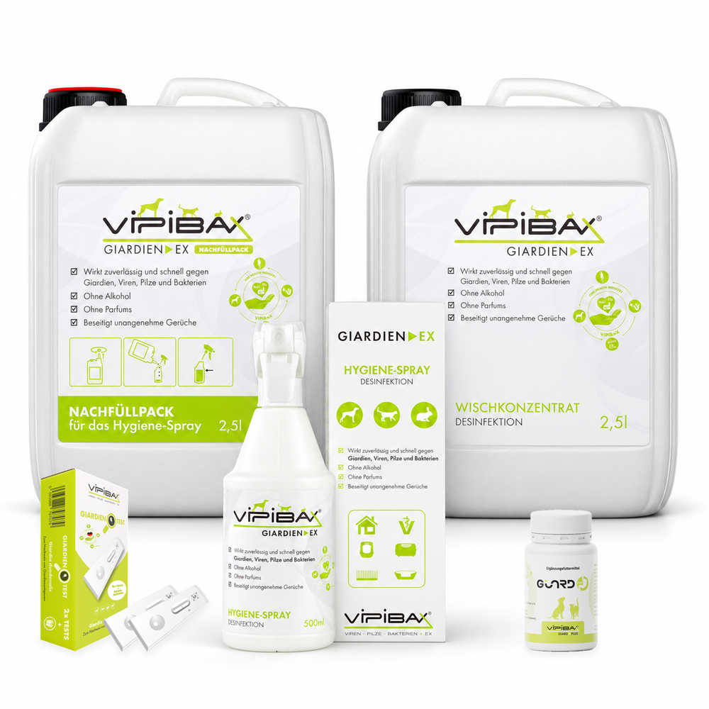 ViPiBaX Giardien EX Set Giardien Notfall: Hygiene-Spray Nachfüllpack 2,5 l und Wischkonzentrat 2,5 l im Kanister, davor Hygiene-Spray 500 ml mit Faltschachtel, Giardien Schnelltest mit zwei Testkassetten und Giard Plus Ergänzungsfuttermittel 60 g auf weißem Grund