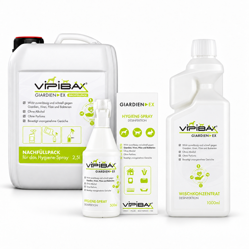 ViPiBaX Hygiene-Komplettset mit 1 l Wischkonzentrat: Hygiene-Spray 500 ml mit Schachtel beim Nachfüllpack 2,5 l, daneben Wischkonzentrat 1 l