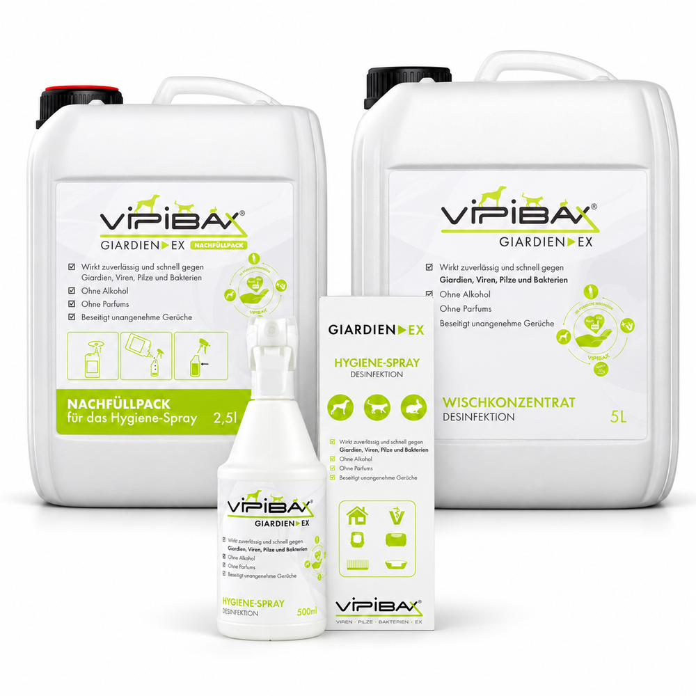 ViPiBaX Giardien EX Hygiene-Komplettset: Hygiene-Spray 500 ml mit Schachtel, Nachfüllpack 2,5 l und Wischkonzentrat 5 l