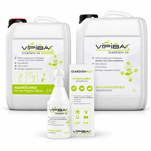ViPiBaX Giardien EX Hygiene-Komplettset: Hygiene-Spray 500 ml mit Schachtel, Nachfüllpack 2,5 l und Wischkonzentrat 5 l