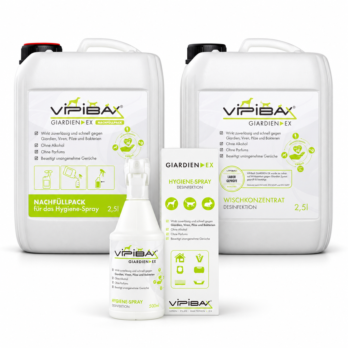 ViPiBaX Hygiene-Komplettset: Hygiene-Spray 500 ml, Nachfüllpack 2,5 l und Wischkonzentrat 2,5 l