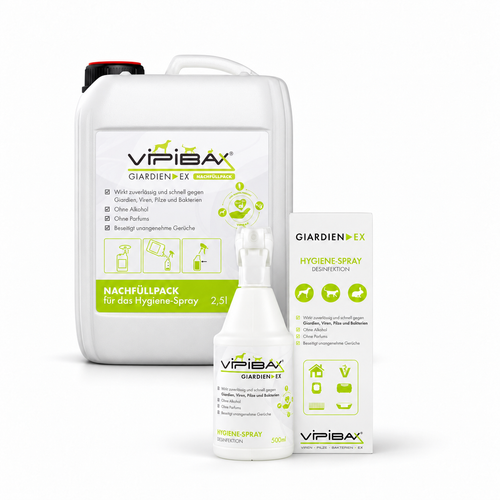 ViPiBaX Giardien EX Hygiene-Spray Duo: Hygiene-Spray 500 ml mit Schachtel und Nachfüllpack 2,5 l auf weißem Hintergrund