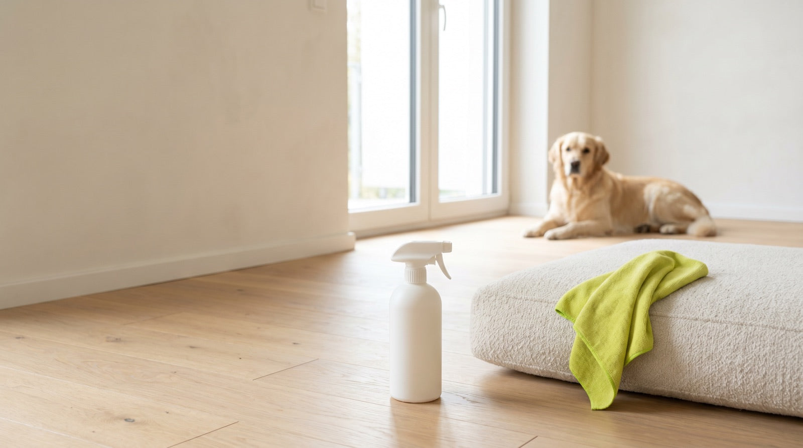 Sprühflasche und Tuch neben einem Hundebett, der Hund liegt im Hintergrund