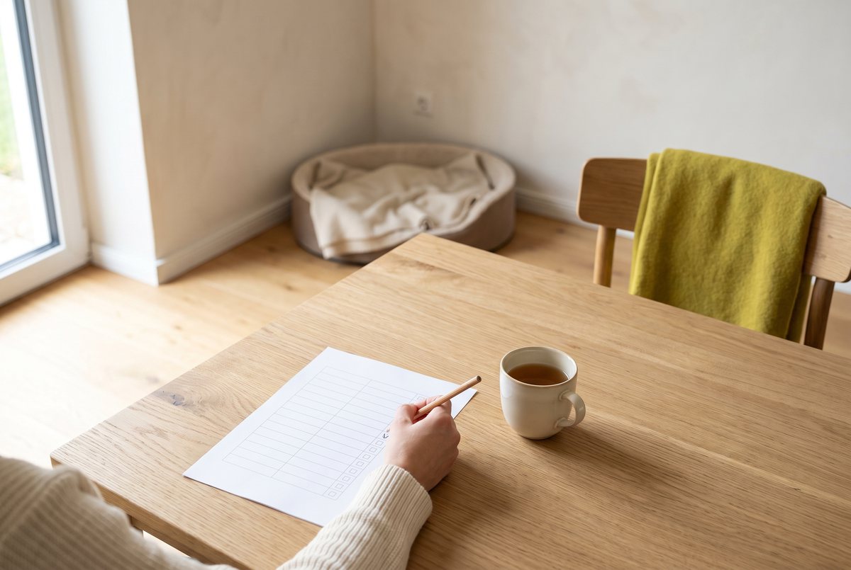Eine Hand mit Stift auf einem Wochenplan am Esstisch, daneben eine Tasse Tee, im Hintergrund ein leeres Hundebett