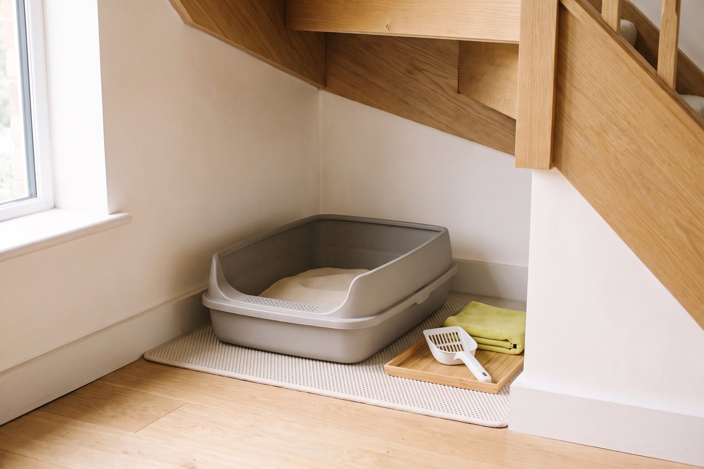 Saubere, offene Katzentoilette in der Nische unter der Treppe, daneben die Streuschaufel auf einem Bambustablett