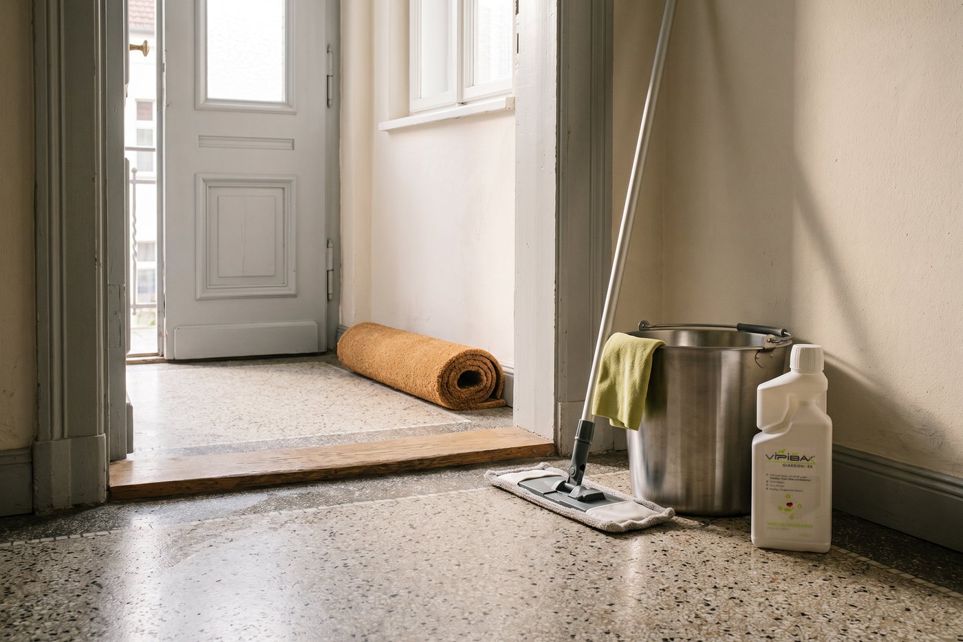 Frisch gewischter Terrazzoboden im Eingang an der Wohnungstür, daneben Eimer, Flachmopp und ViPiBaX Wischkonzentrat 1 l