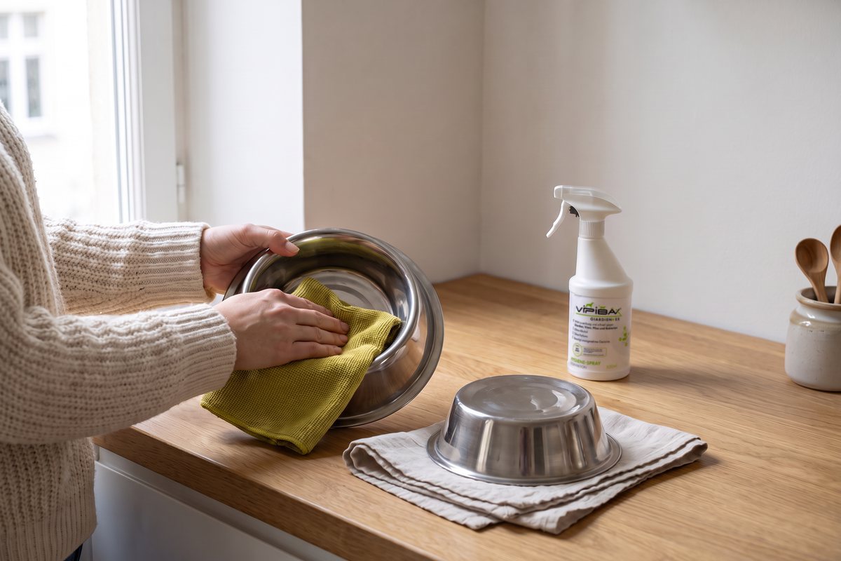 Hände trocknen einen Futternapf mit einem Tuch ab, daneben steht das ViPiBaX Hygiene-Spray
