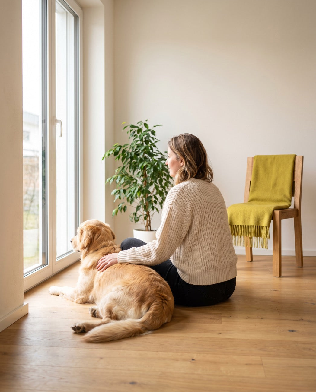Tierhalterin sitzt mit ihrem Hund am Fenster in einem hellen Zuhause