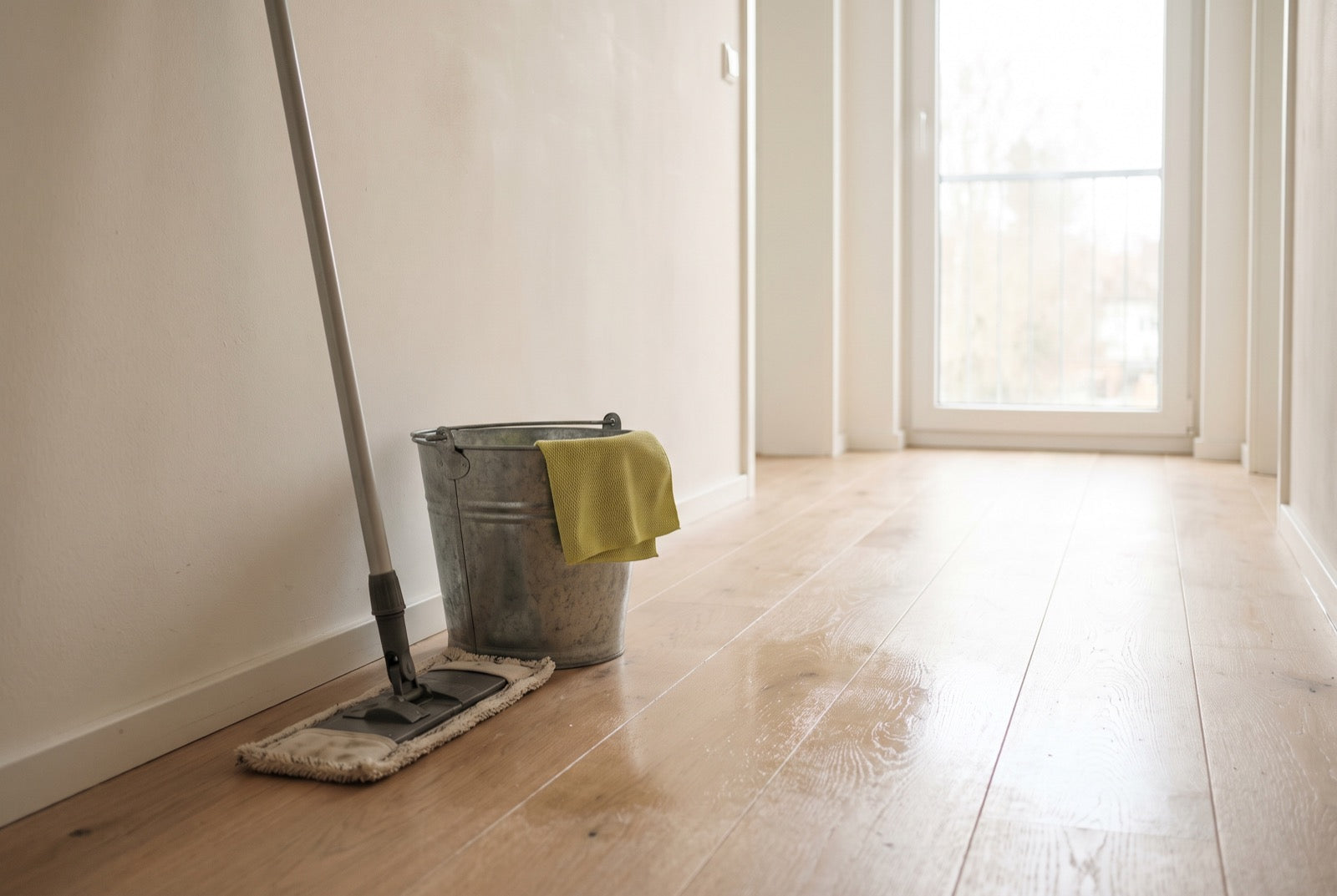 Wischmopp und Eimer auf einem frisch gewischten Holzboden