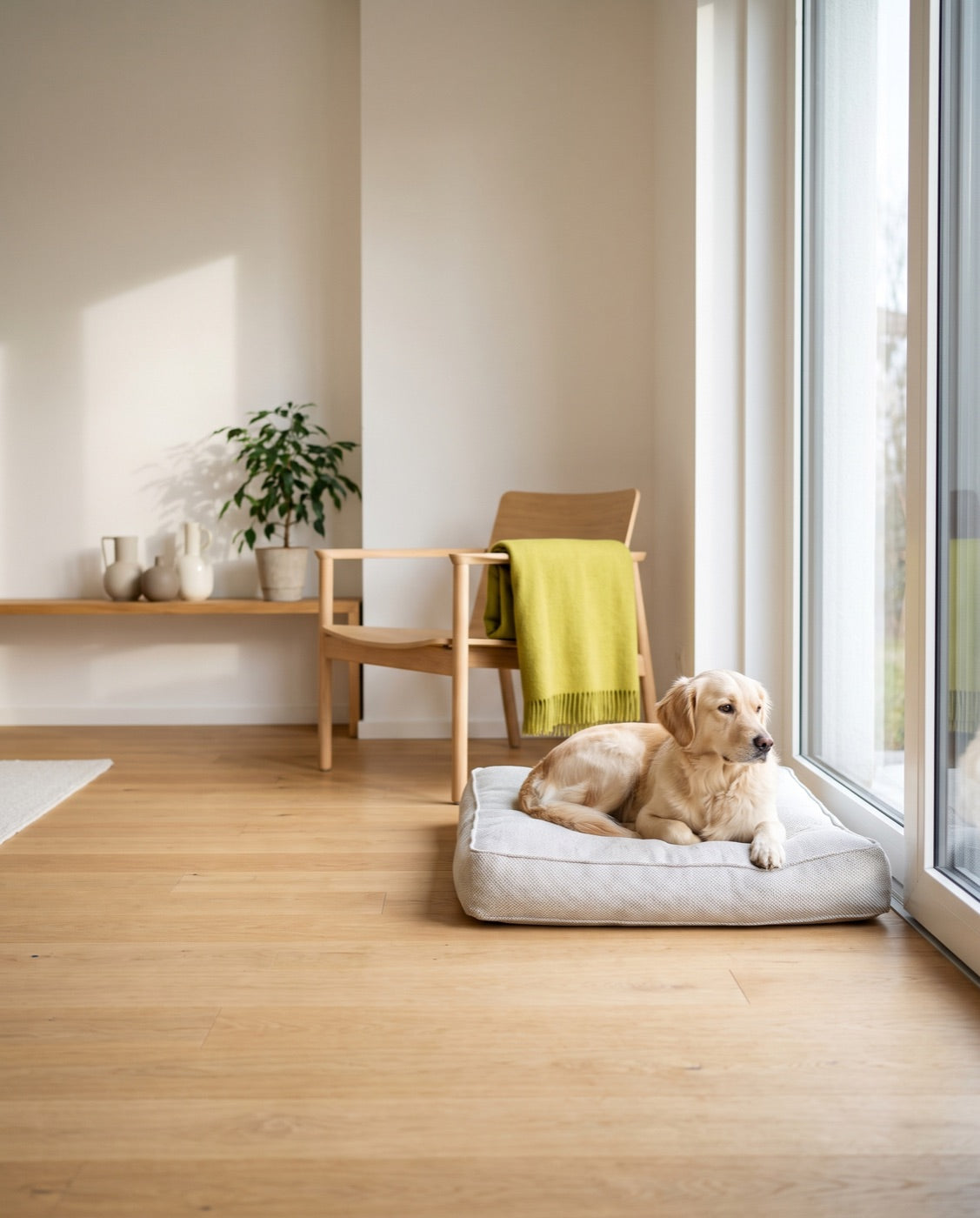 Entspannter Hund auf einem sauberen Hundebett in einem hellen Zuhause