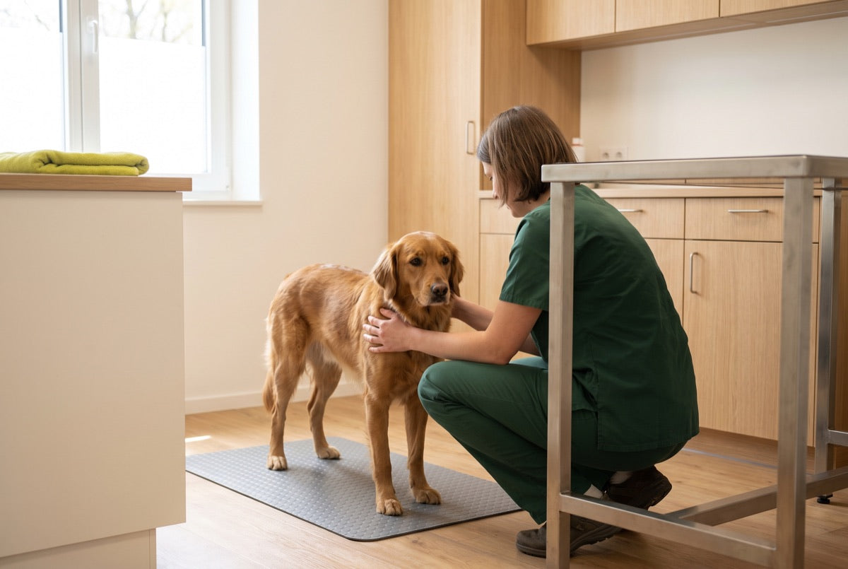 Eine Tierärztin untersucht einen Hund in einer hellen Praxis